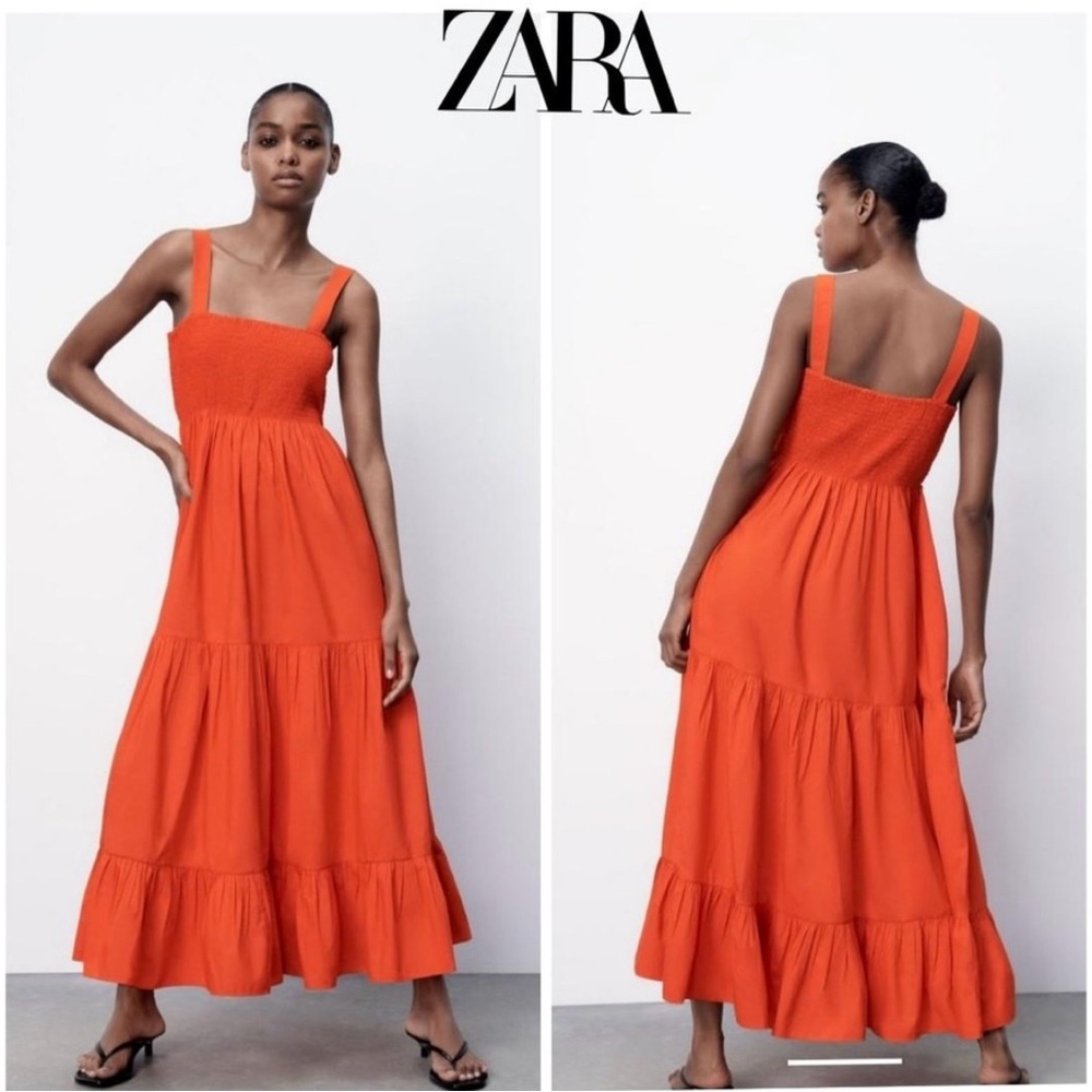Zara Bold Red Coral Orange Poplin Smocked MIDI Maxi